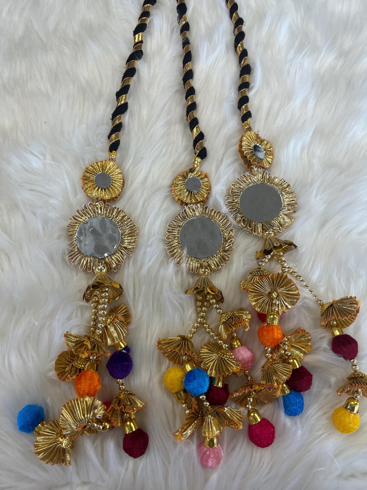 Punjabi Golden/Multi Colour Fabric Parandi Tassles Hair Extensions with Beads for Women and Girls (Sold per piece)