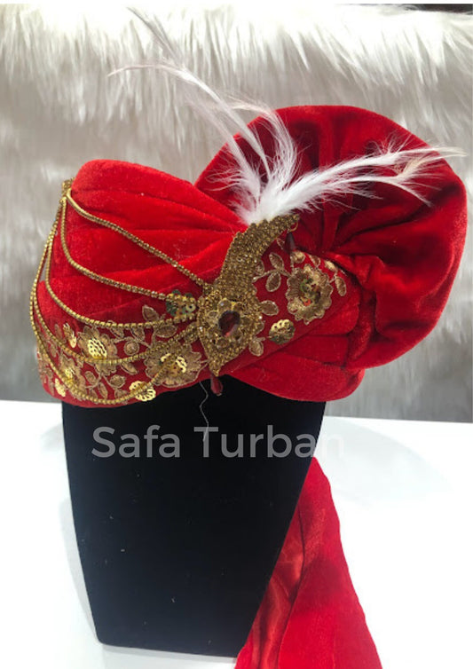 Groom Wedding Turban- Red Velvet Turban- Safa Turban/Pagdi/Premade Turban/ Wedding Safa/Turban/Pagdi for Men (Groom)/ Thalapa