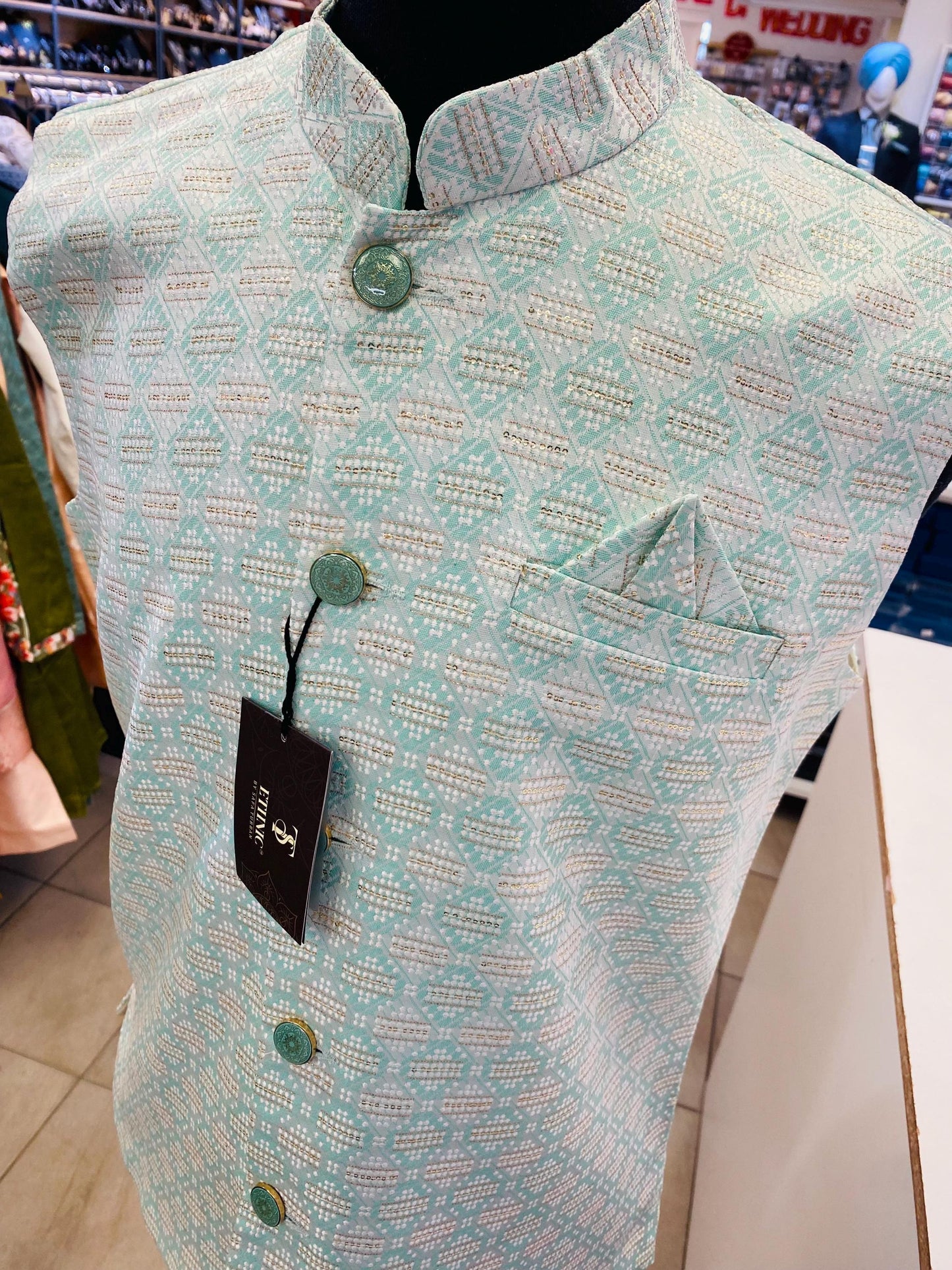 Designer Sea Green Men Vests- Men Vests- Wedding Vest, Kurta Pajama Vest, Prom Party Dress, Casual Wear (Size available 38,40,42,44,46)