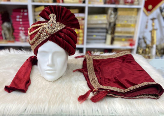 Groom Wedding Turban-Red Velvet Turban with Shawl- Safa Turban/Pagdi/Premade Turban/ Wedding Safa/Turban/Pagdi for Men (Groom)/ Thalapa