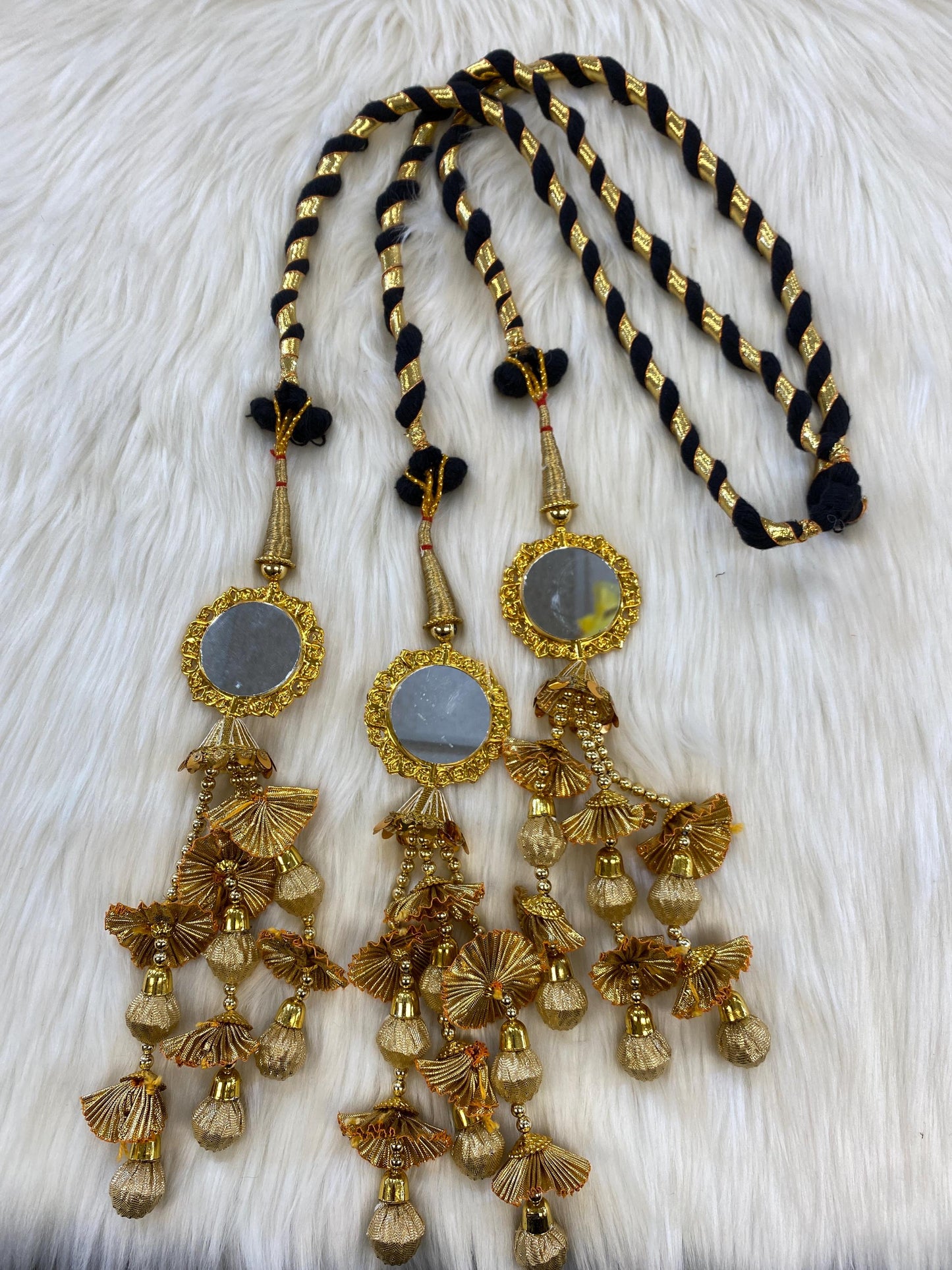 Punjabi Golden and multi Colour Fabric Parandi Tassles Hair Extensions with Beads for Women and Girls (Sold per piece)