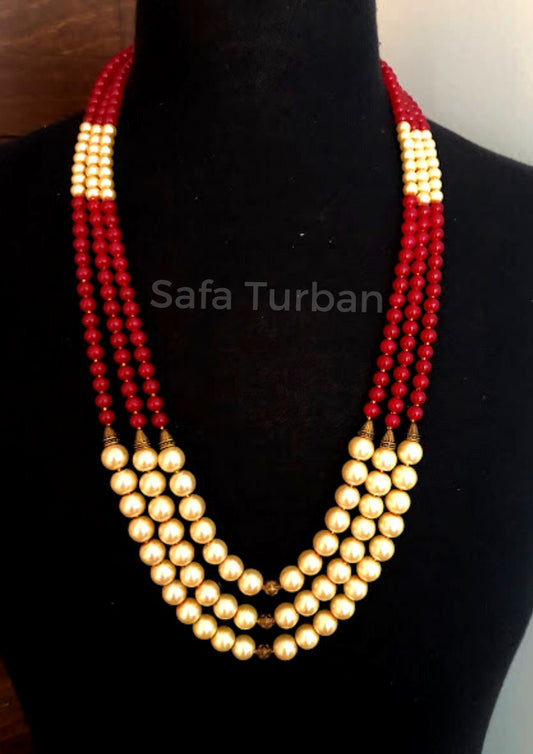 Indian Wedding- Pearl Necklace with Kundan Brooch for Men/Groom for Wedding (Cream/Golden/Red Beads)