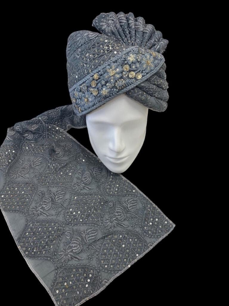 Groom Wedding Turban- Grey Chikankari AdjustableTurban(with velcro)- Safa Turban/Pagdi/Premade Turban/ Wedding Safa/Turban/Pagdi for Men