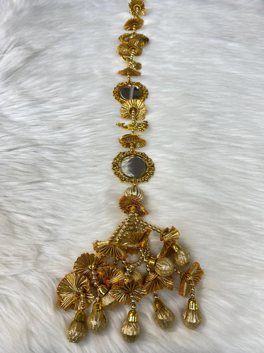 Punjabi Golden Colour Fabric Parandi Tassles Hair Extensions with Beads for Women and Girls (Sold per piece)