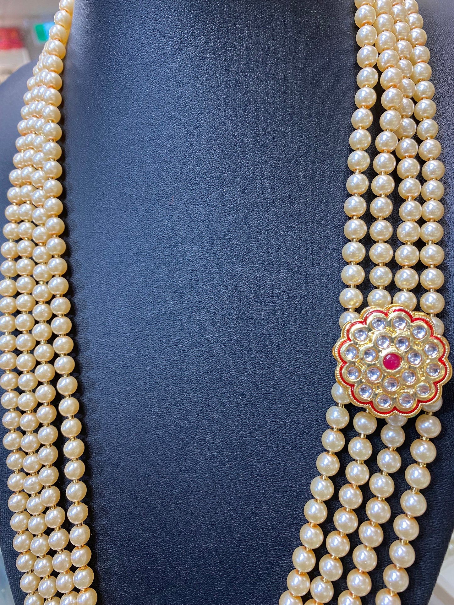 Indian Wedding-Pearl Necklace with Brooch, four Layered Maharaja Haar/ Necklace for Groom for Wedding