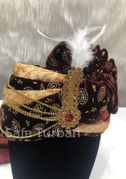 Groom Wedding Turban- Dark Maroon/Vine Velvet Turban- Safa Turban/Pagdi/Premade Turban/ Wedding Safa/Turban/Pagdi for Men (Groom)/ Thalapa