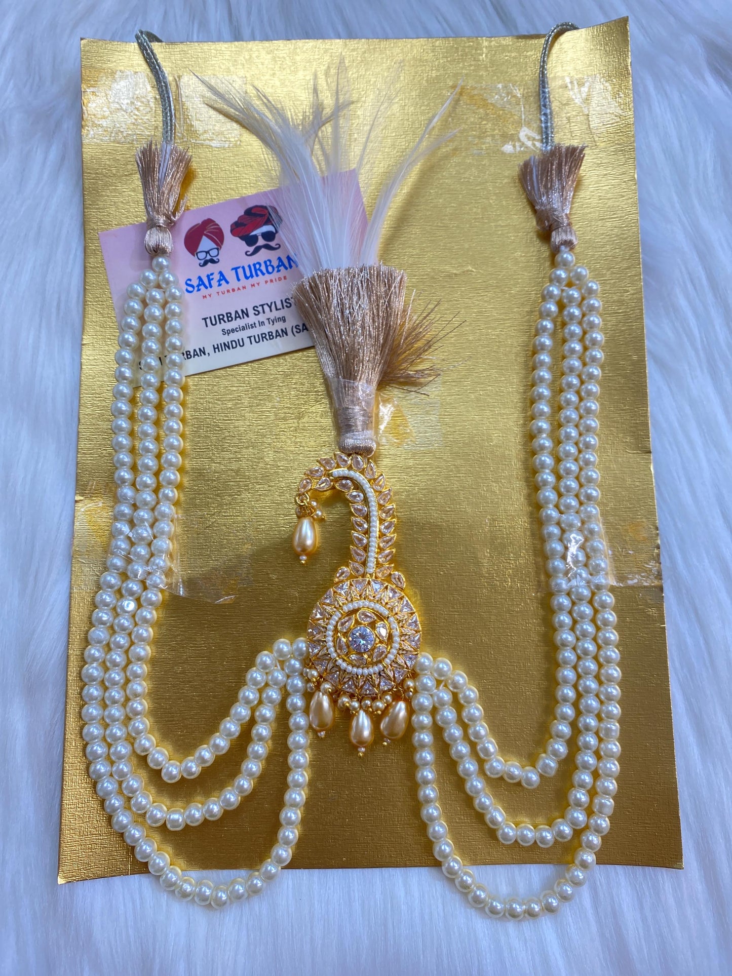 Indian Wedding Accessories-  Kundan Kalangi/Kalgi for Men's Safa/Groom Turban (Golden stones With White pearl string)