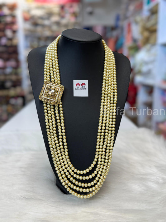 Indian Wedding- Pearl Necklace with Kundan Brooch for Men/Groom for Wedding (5Layers Pearl)