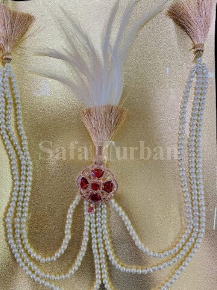Indian Wedding Accessories-  Kalangi/Kalgi for Men's Safa/Groom Turban in AD (American Dimond) (Red Stone with offwhite/cream pearl string)