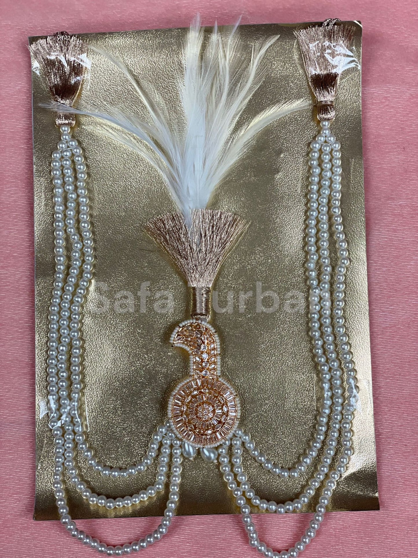 Indian Wedding Accessories-  Kalangi/Kalgi for Men's Safa/Groom Turban in AD Stone (American Dimond) (With offwhite/cream pearl string)