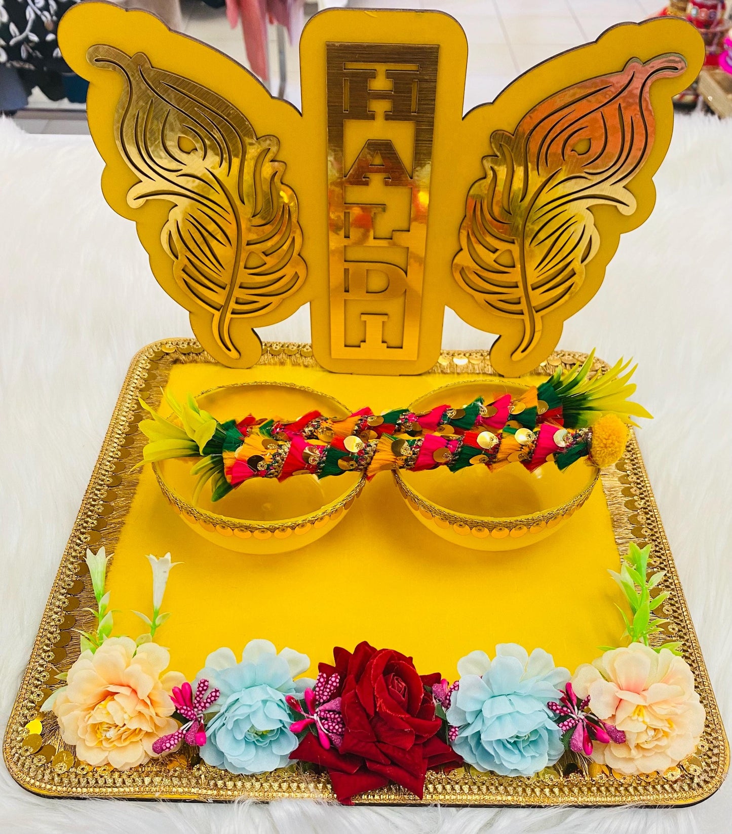 Wedding Accessories- Bride/Groom Mayian/ Haldi/ Maiyan/ Vatna Ceremony-Decorative  Wooden board and  2Bowls