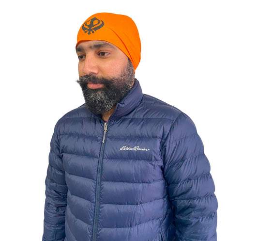 Sikh Patka- Kesari and Blue for Adults (unisex) with Khanda Sign in front