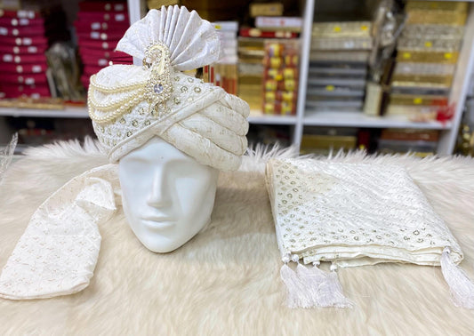 Groom Wedding Turban-Off White Chiffon Turban with Palla- Safa Turban/Premade Turban/ Wedding Safa/Turban/Pagdi for Men (Groom)/ Thalapa