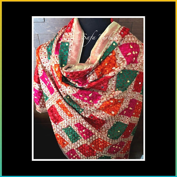 Phulkari Dupatta- Women's Chiffon Phulkari Dupatta, Scarf, Multicolour Fulkari Chunni, Dupatta
