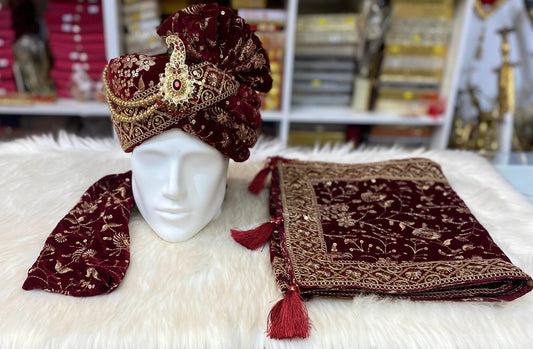 Groom Wedding Turban-Red Velvet Turban with Shawl- Safa Turban/Pagdi/Premade Turban/ Wedding Safa/Turban/Pagdi for Men (Groom)
