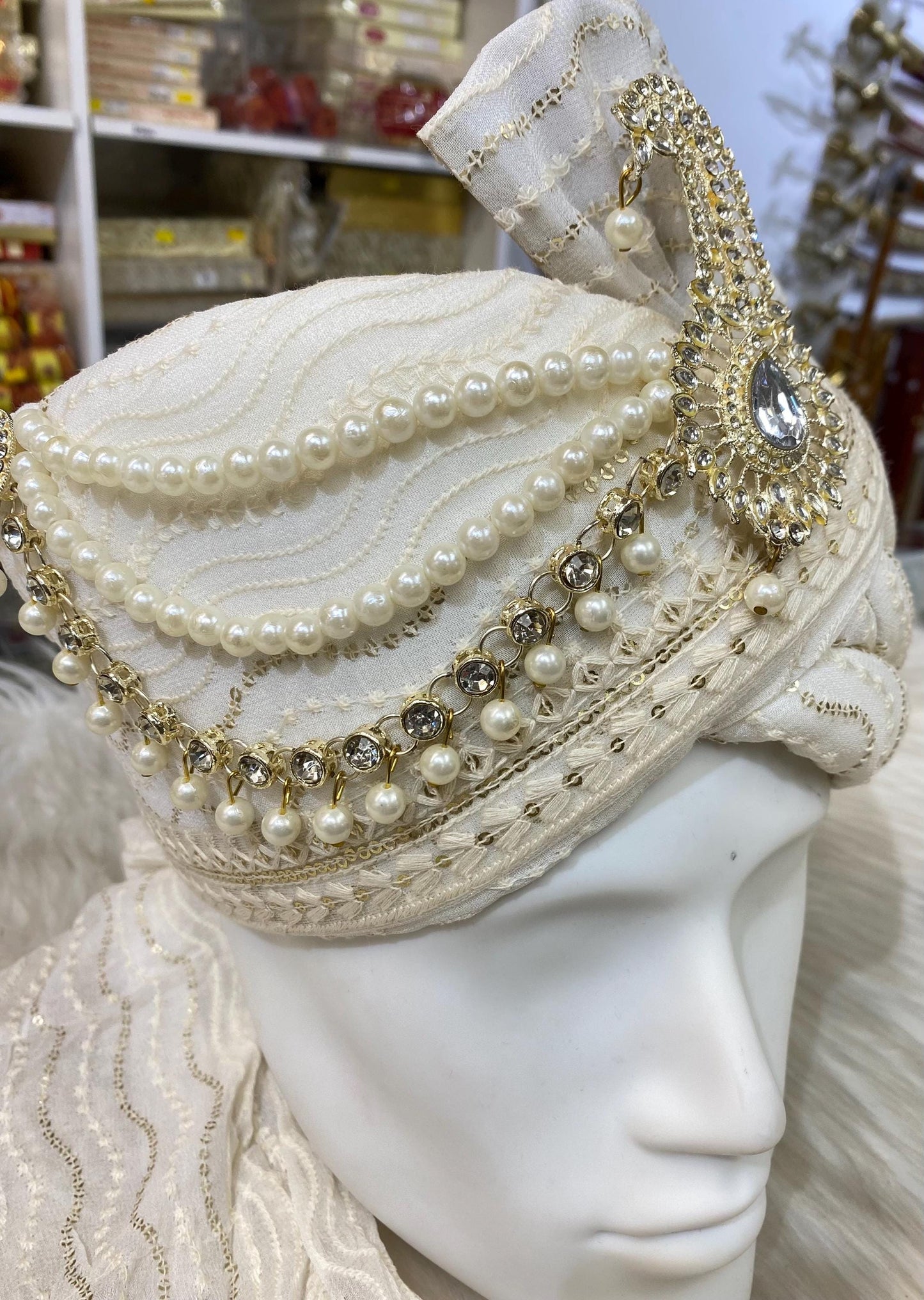 Groom Wedding Turban-Cream chiffon Turban with Palla- Safa Turban/Pagdi/Premade Turban/ Wedding Safa/Turban/Pagdi for Men (Groom)/ Thalapa