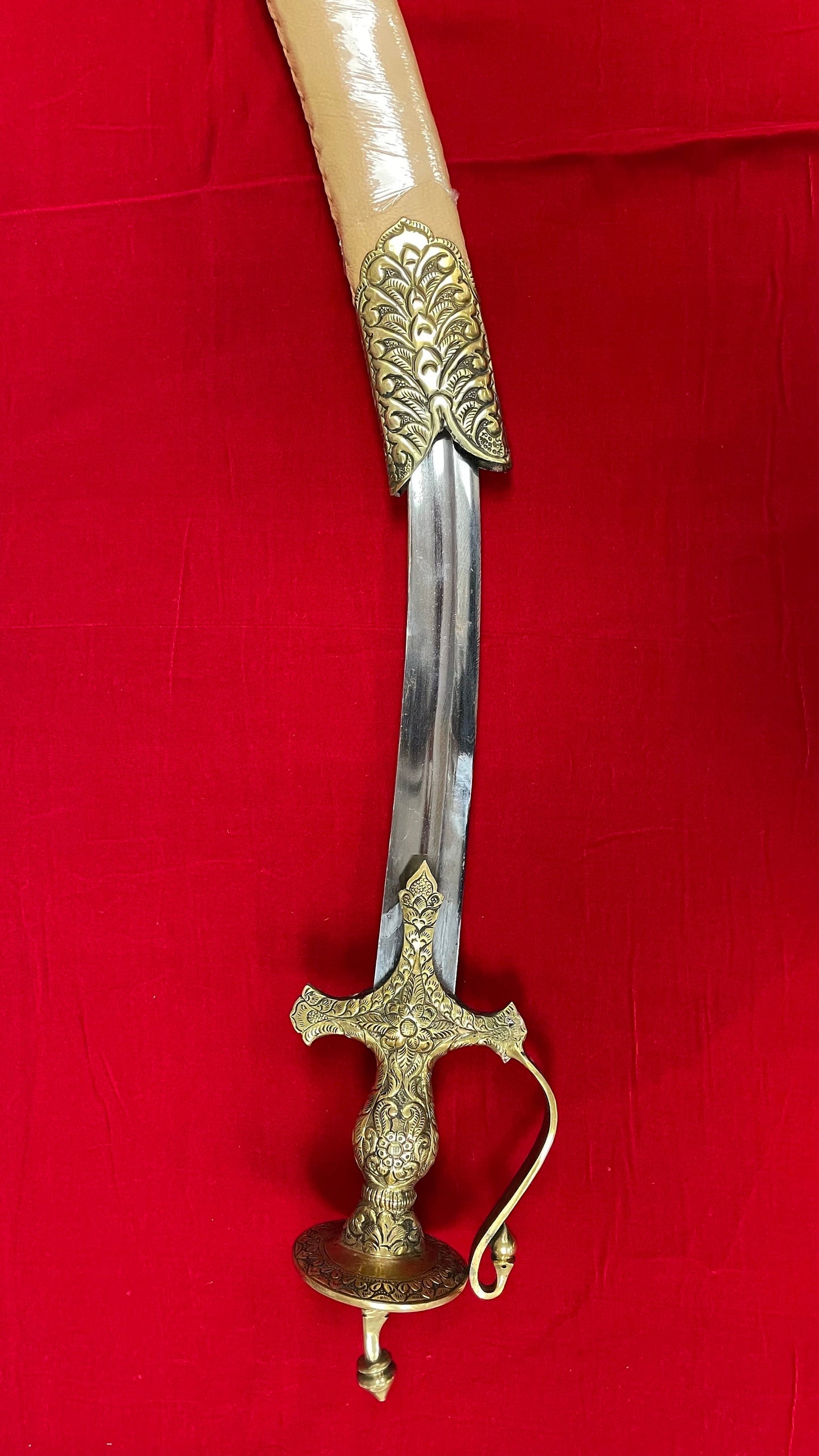 Indian Wedding Decorative Sword/Kirpan- Beige Leather Sword with Golden hand engraving handle/For wedding purpose/Indian Wedding Sword