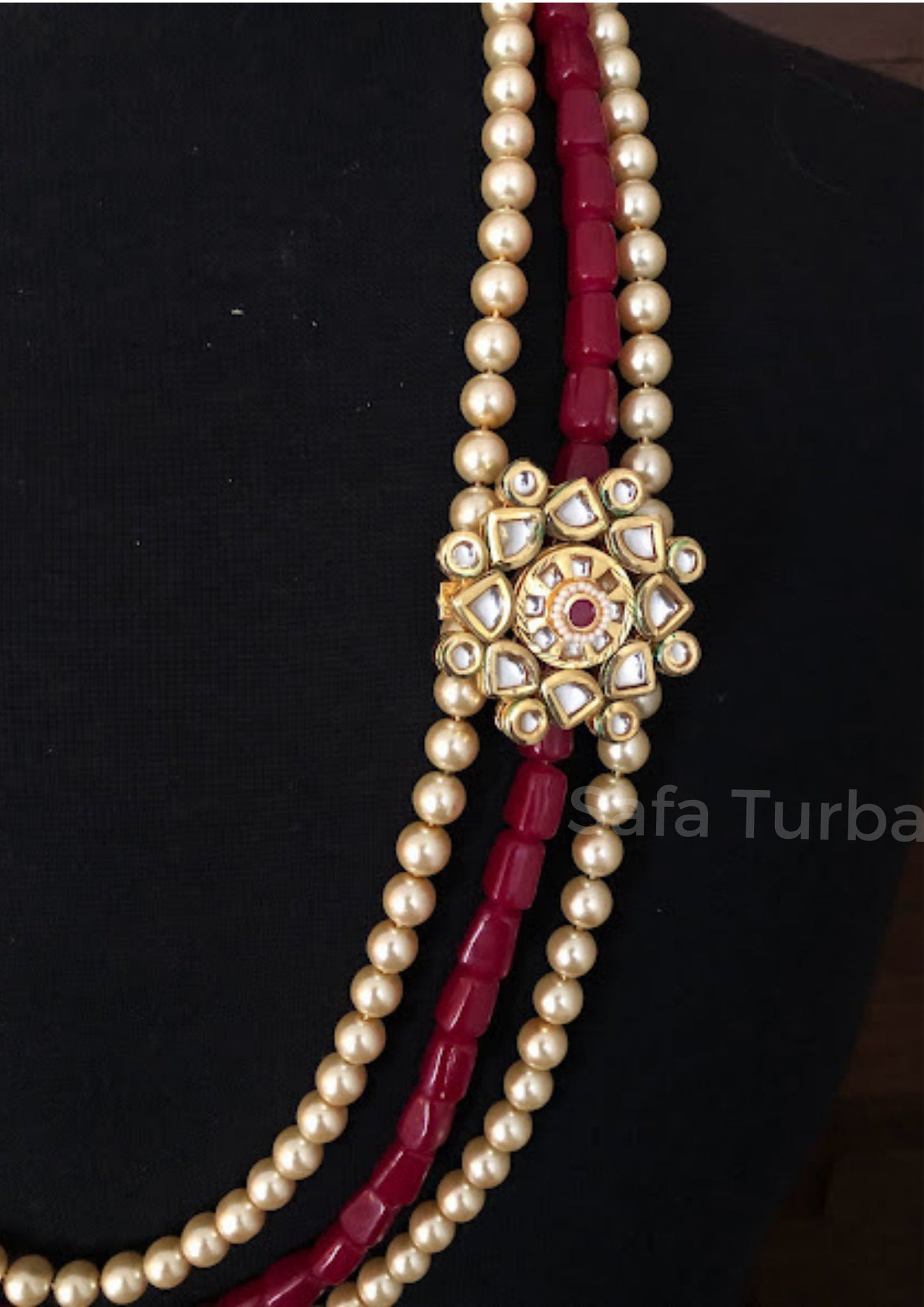Indian Wedding- Pearl Necklace with Kundan Brooch for Men/Groom for Wedding (Cream/Golden/Red Beads)