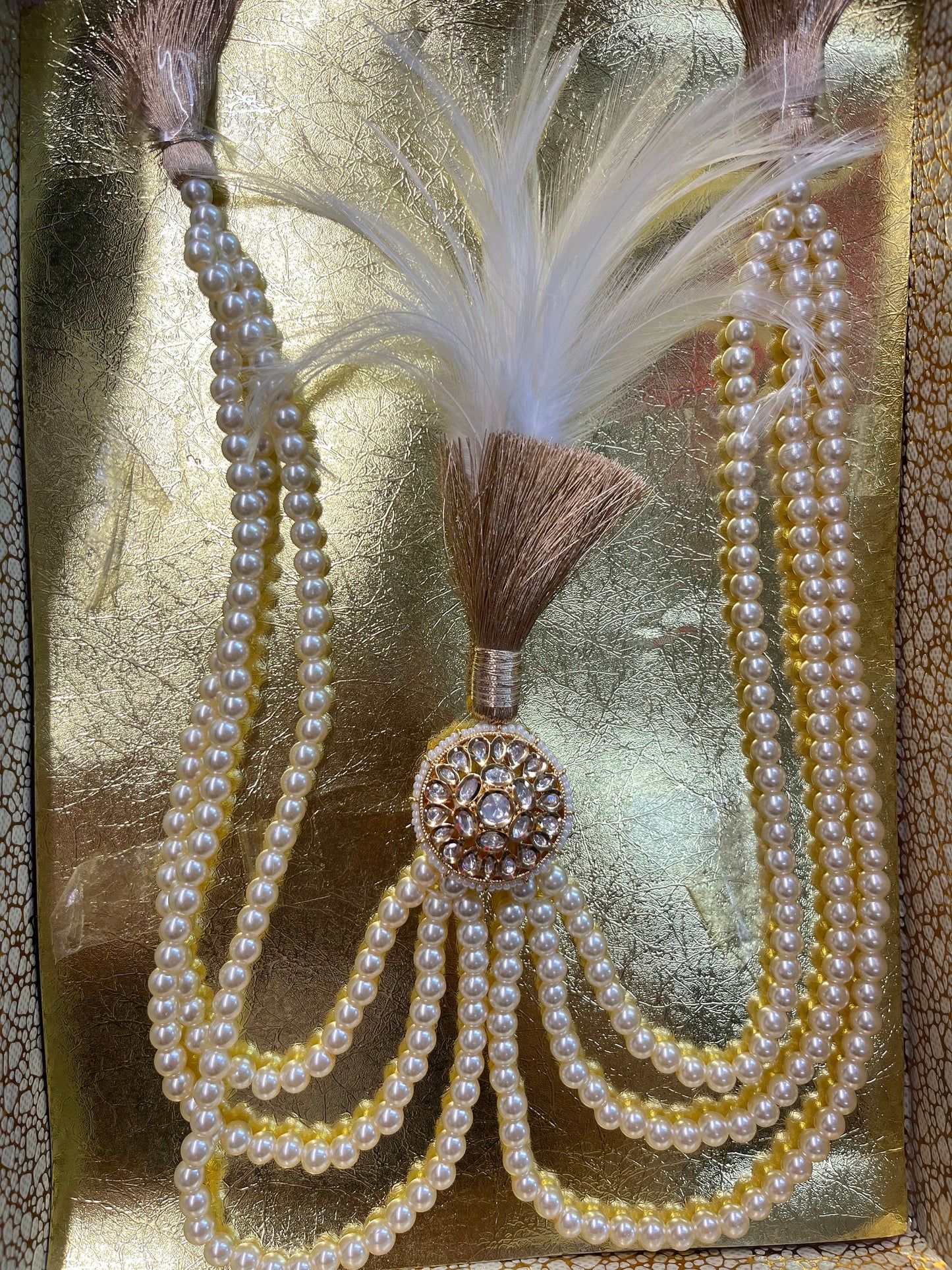 Kalgi  and Pearl Necklace- Paachi Kundan Kalangi/Kalgi, Pearl Necklace with Kundan Brooch for Men's Safa/Groom Pagdi