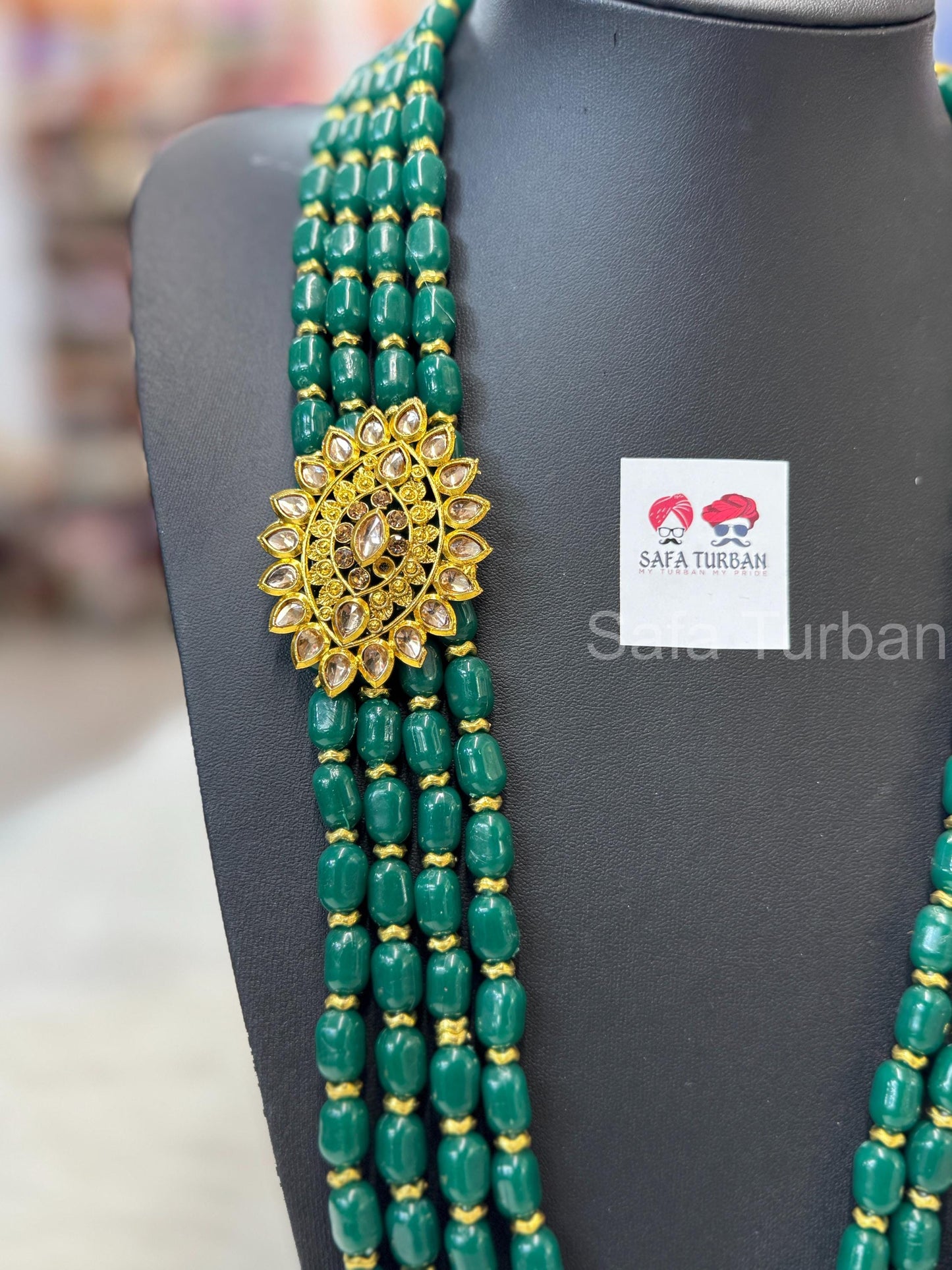 Indian Wedding-Green Pearl Four layer Necklace with Kundan Brooch for Men/Groom for Wedding