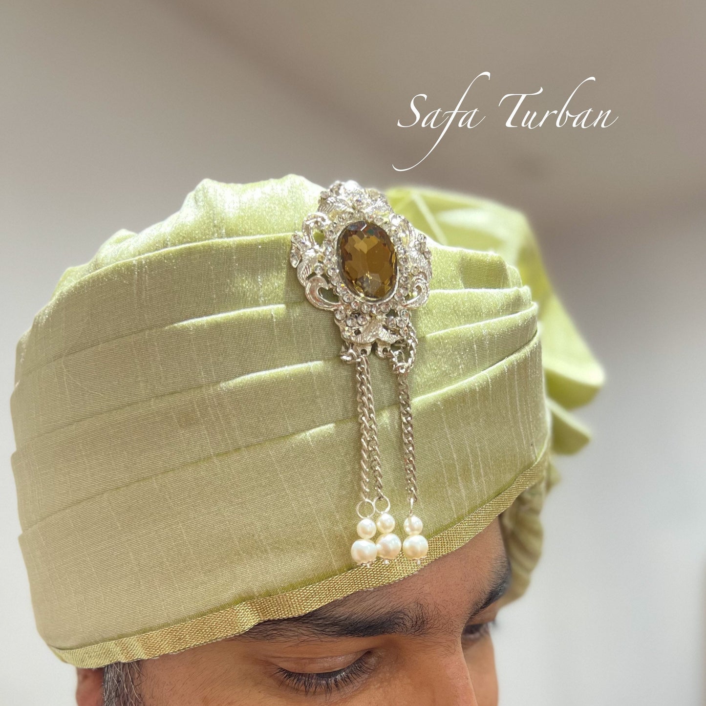 Indian Wedding- Raw Silk fabric handmade Safa for groom in Pista Green colour, Groom Head Safa Turban/Pagdi/Premade Turban Headwrap forDulha