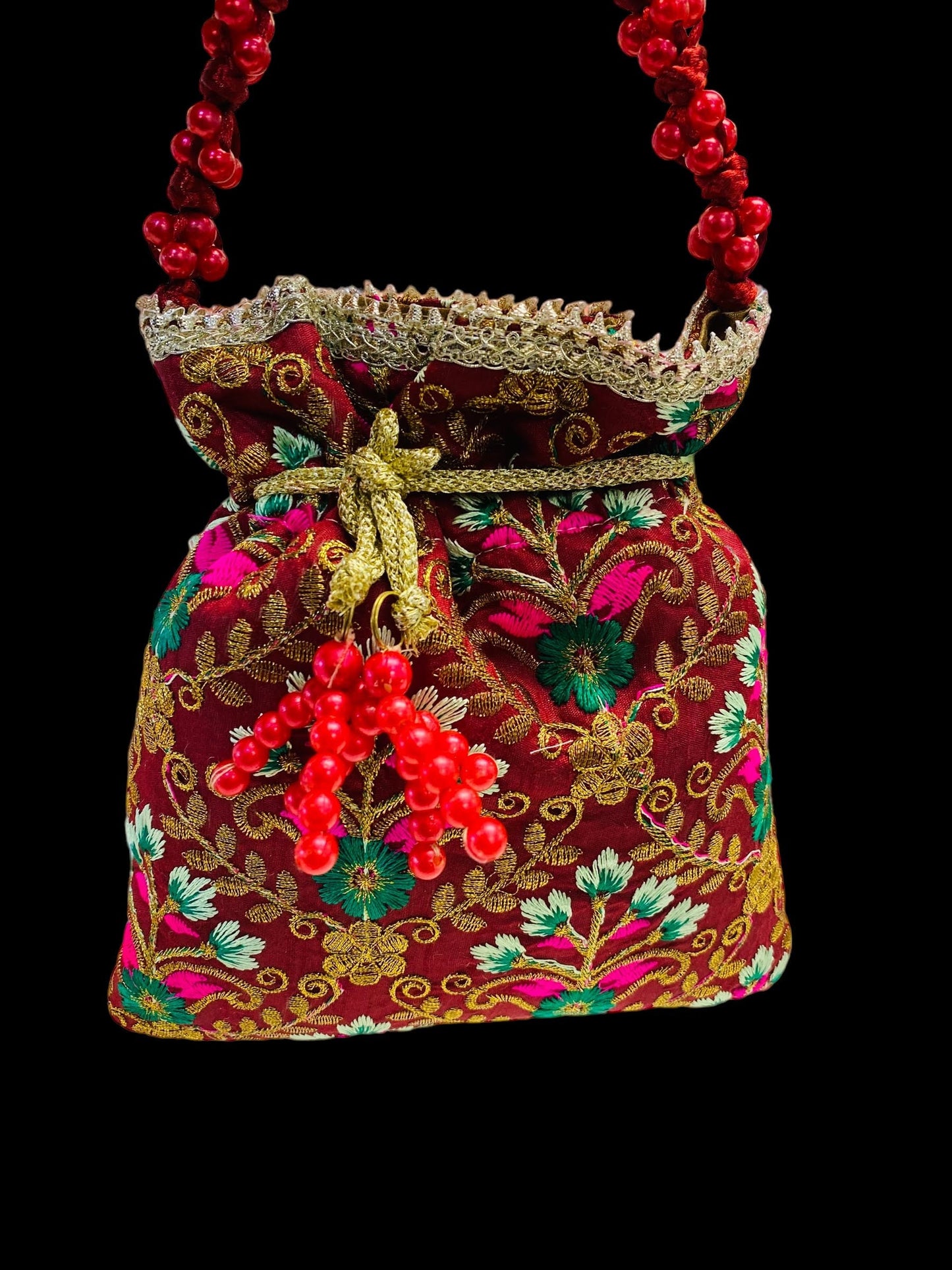 Designer Multicolored Potli Bag for women with  Embroidery and Pearl Handle