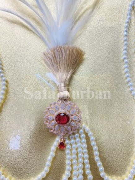 Indian Wedding Accessories-  Kalangi/Kalgi for Men's Safa/Groom Turban (With Gemstone and White Pearl String Chain)