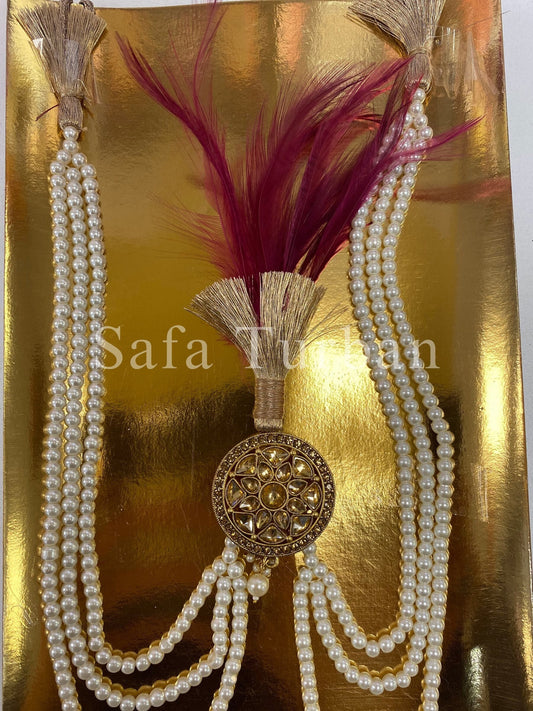 Indian Wedding Accessories- Gold and White Gold-Plated Kundan and Pearls Kalangi/Kalgi for Men's Safa/Groom Turban