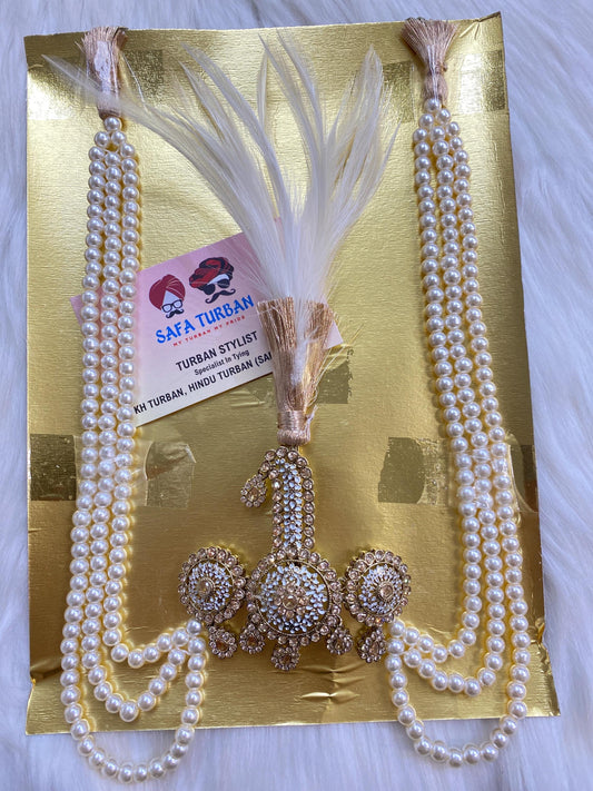 Indian Wedding Accessories-  Kalangi/Kalgi for Men's Safa/Groom Turban in (Golden stones With White pearl string)