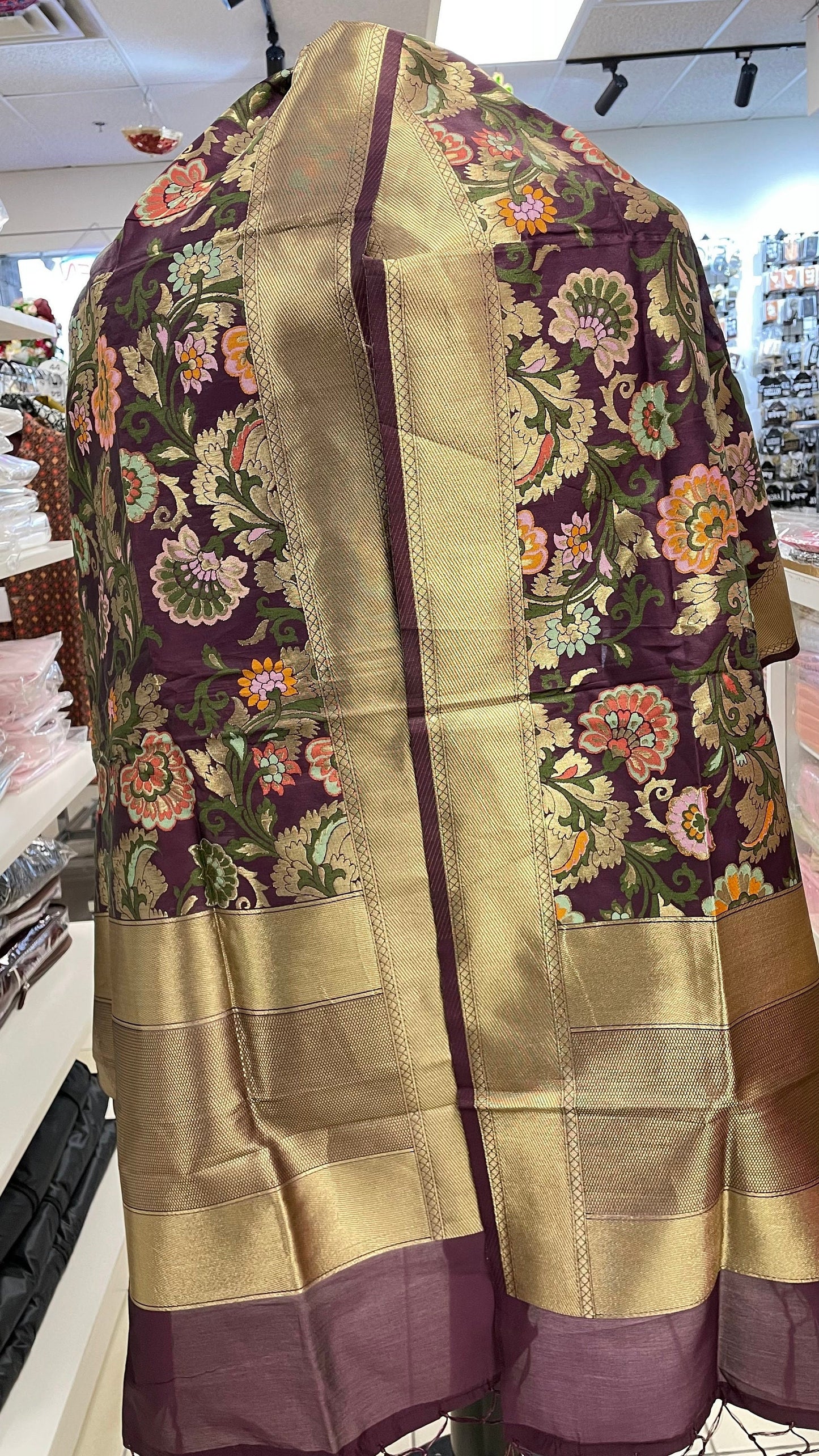 Unisex Shawl/Stole Banarsi Dupatta, Multicolour Dupatta (Black/Purple/Red)