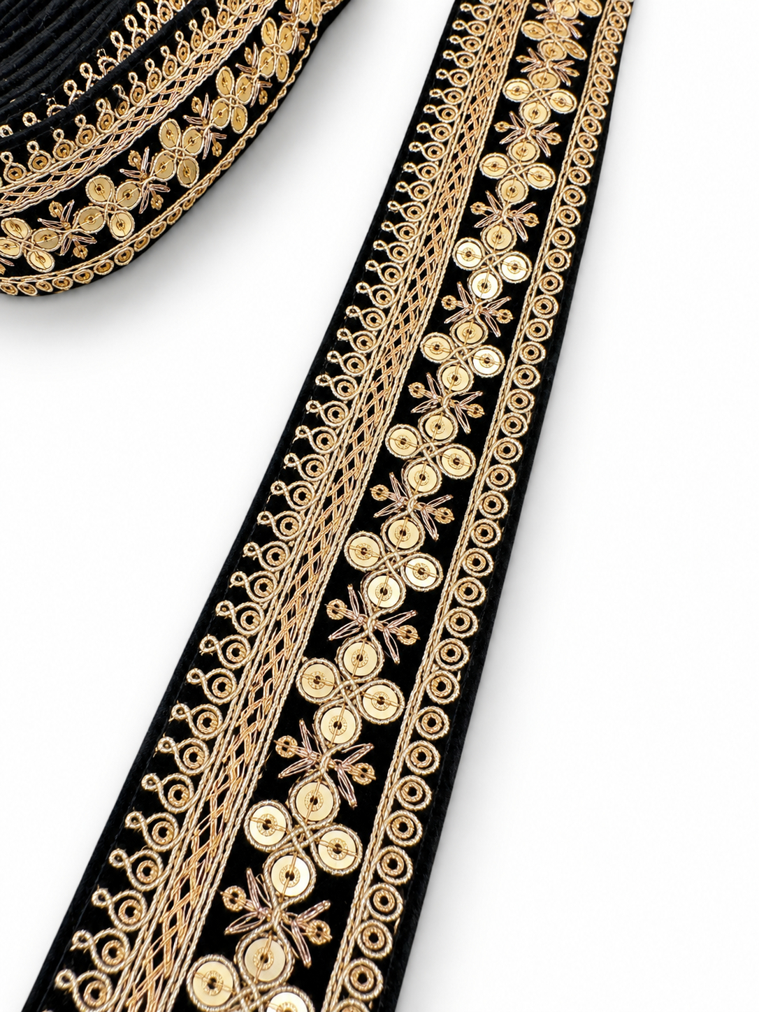 Black & Gold Embroidered Floral Lace Border, featuring gold threadwork, sequin detailing, and a decorative floral pattern. for Dresses, Sarees, Lehenga, Suits, Blouses, Dupatta, Chunri, and Craft