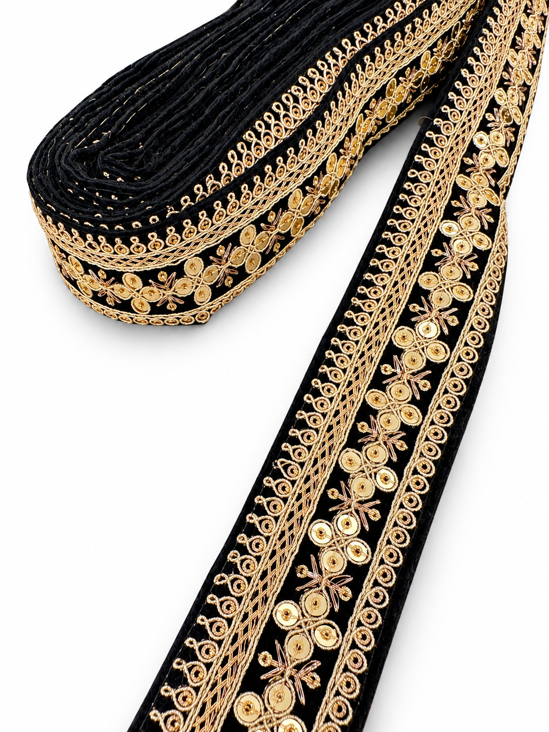 Black & Gold Embroidered Floral Lace Border, featuring gold threadwork, sequin detailing, and a decorative floral pattern. for Dresses, Sarees, Lehenga, Suits, Blouses, Dupatta, Chunri, and Craft