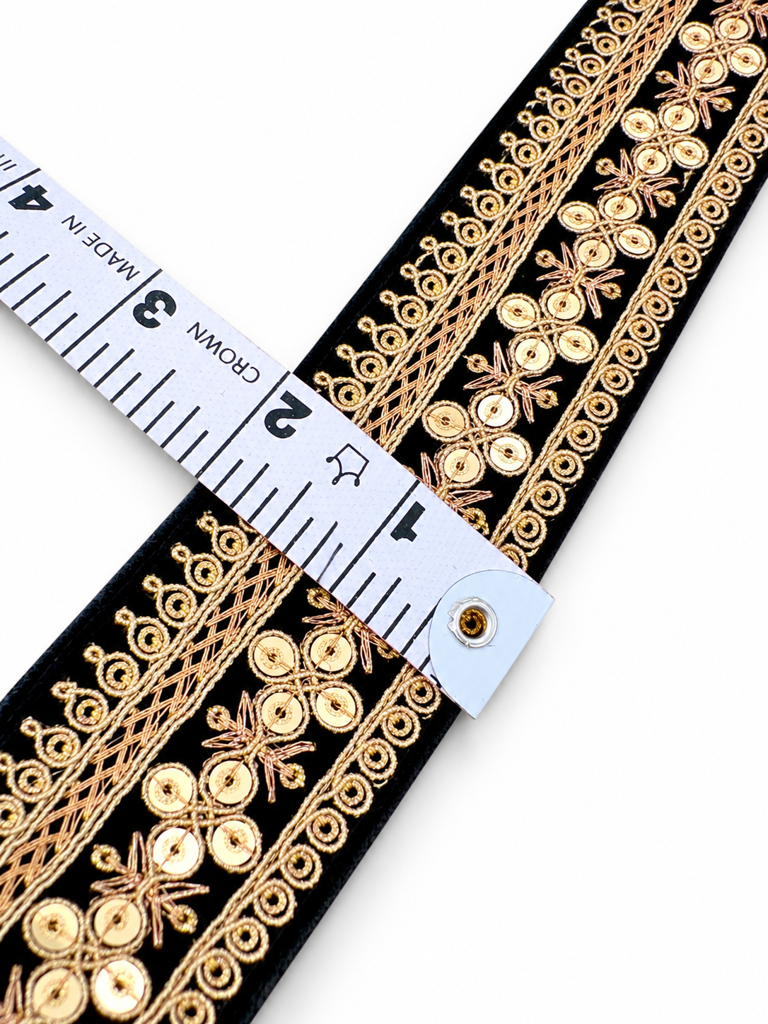 Black & Gold Embroidered Floral Lace Border, featuring gold threadwork, sequin detailing, and a decorative floral pattern. for Dresses, Sarees, Lehenga, Suits, Blouses, Dupatta, Chunri, and Craft
