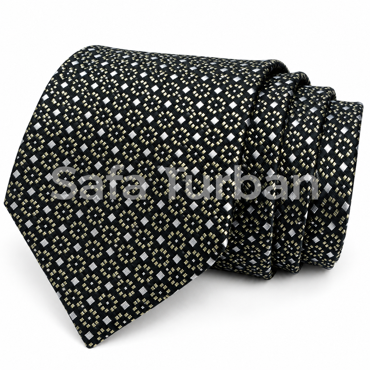 Mens Plaid Micro Self Silk Necktie Gift Set With Pocket Square (black base with silver and subtle sage geometric detailing)