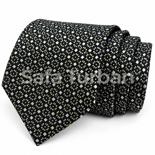 Mens Plaid Micro Self Silk Necktie Gift Set With Pocket Square (black base with silver and subtle sage geometric detailing)
