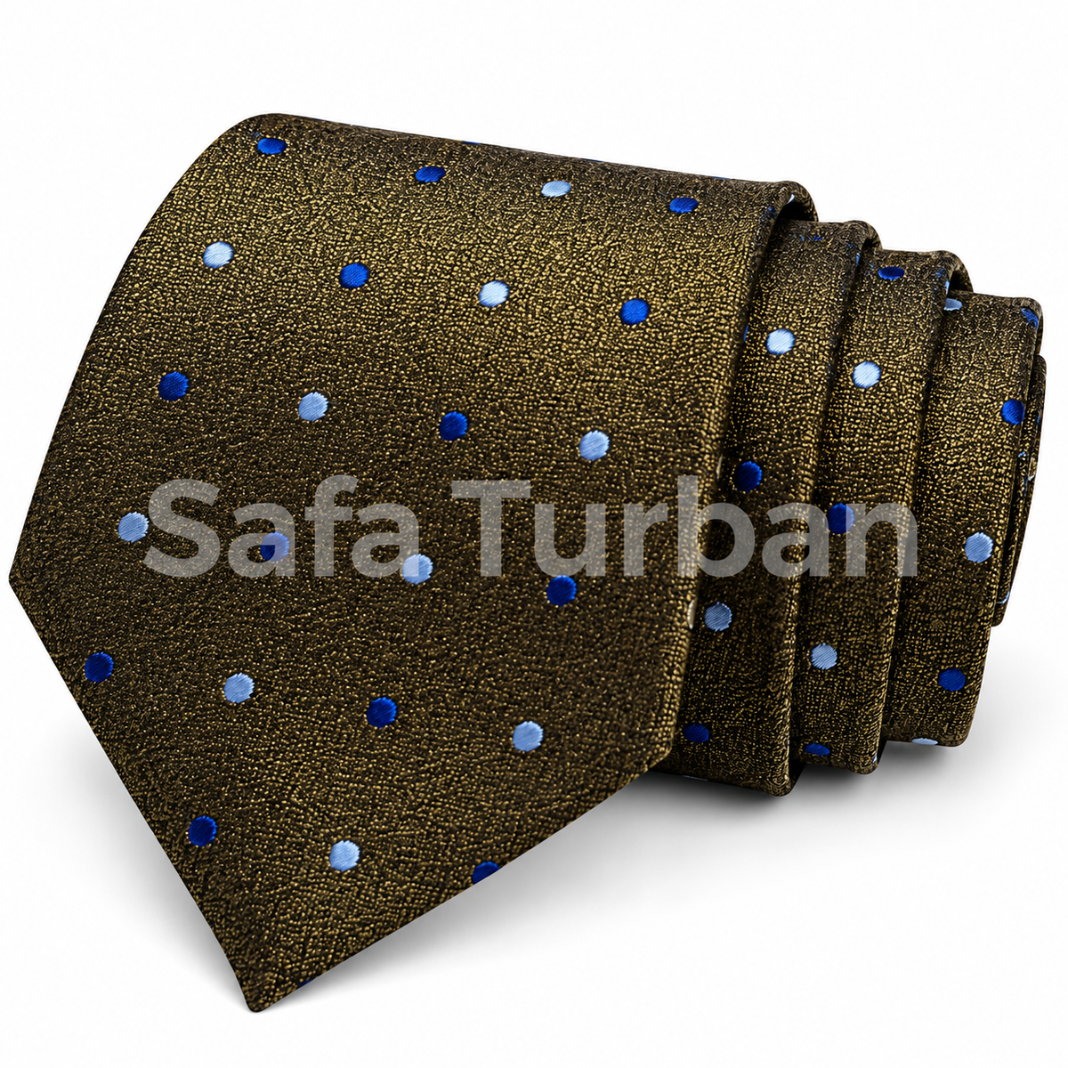 Mens Micro Pattern Silk Necktie Gift Set With Pocket Square (olive gold with blue and light blue polka dots)