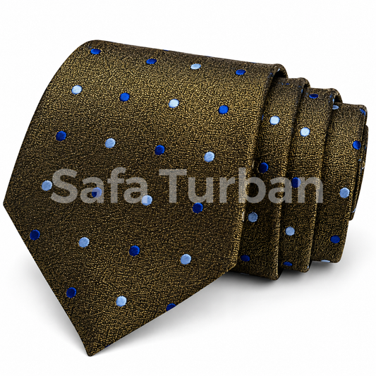 Mens Micro Pattern Silk Necktie Gift Set With Pocket Square (olive gold with blue and light blue polka dots)