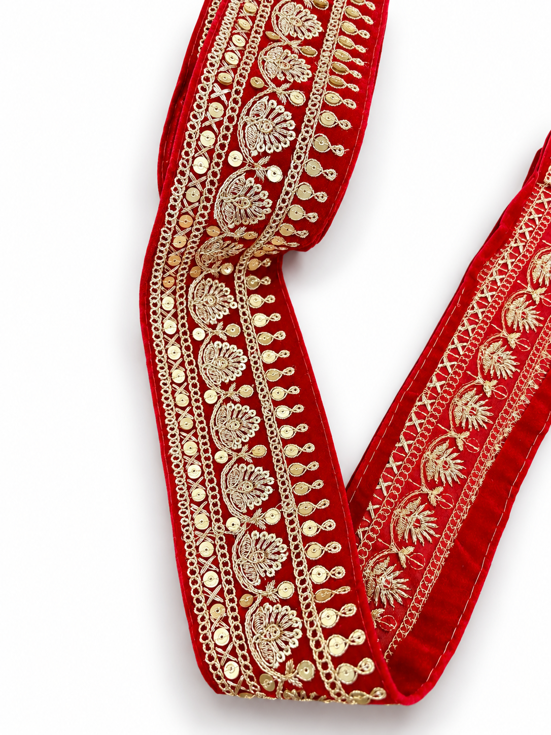 Red Velvet Embroidered Lace Border with Gold Zari & Sequin Work – 2 Inch Wide for Dresses, Sarees, Lehenga, Suits, Blouses, Dupatta, Chunri, and Craft
