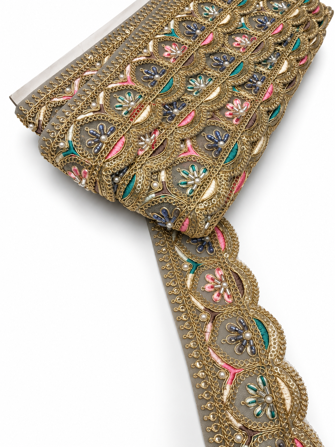Charcoal Grey (Smoky Grey) with Gold Embroidery and Multicolour Floral Accents (Dusty Pink, Teal Green, Navy Blue, and Ivory) Embroidered Lace Trim with Gold Zari, Beads & Pearl Work