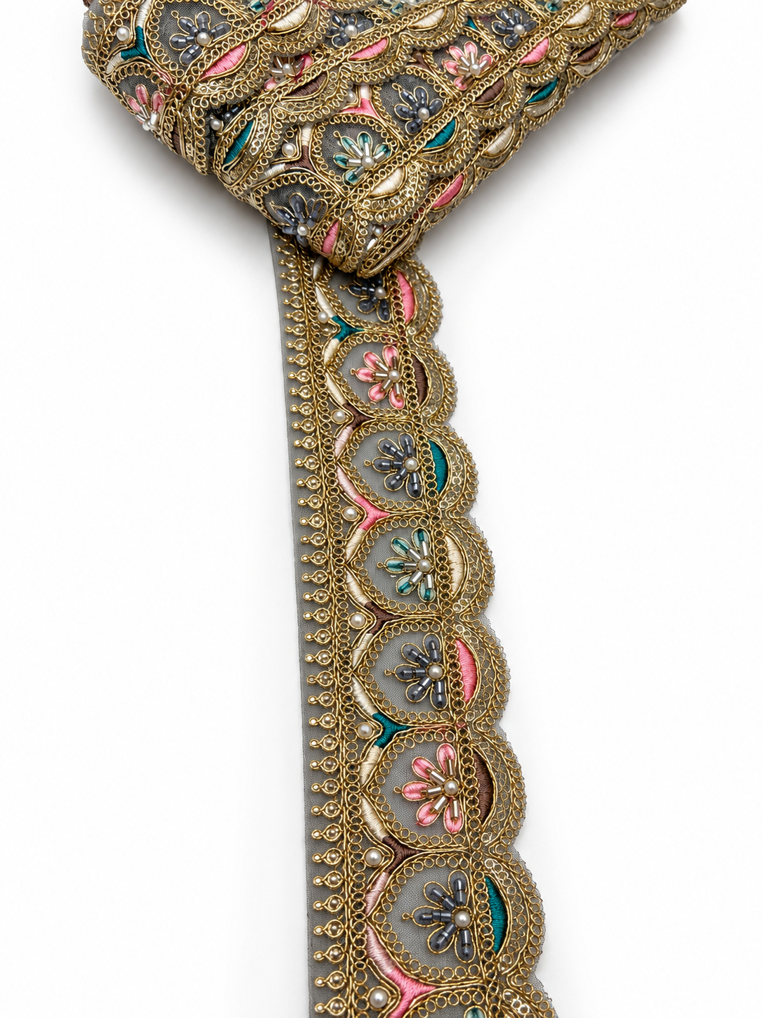 Charcoal Grey (Smoky Grey) with Gold Embroidery and Multicolour Floral Accents (Dusty Pink, Teal Green, Navy Blue, and Ivory) Embroidered Lace Trim with Gold Zari, Beads & Pearl Work