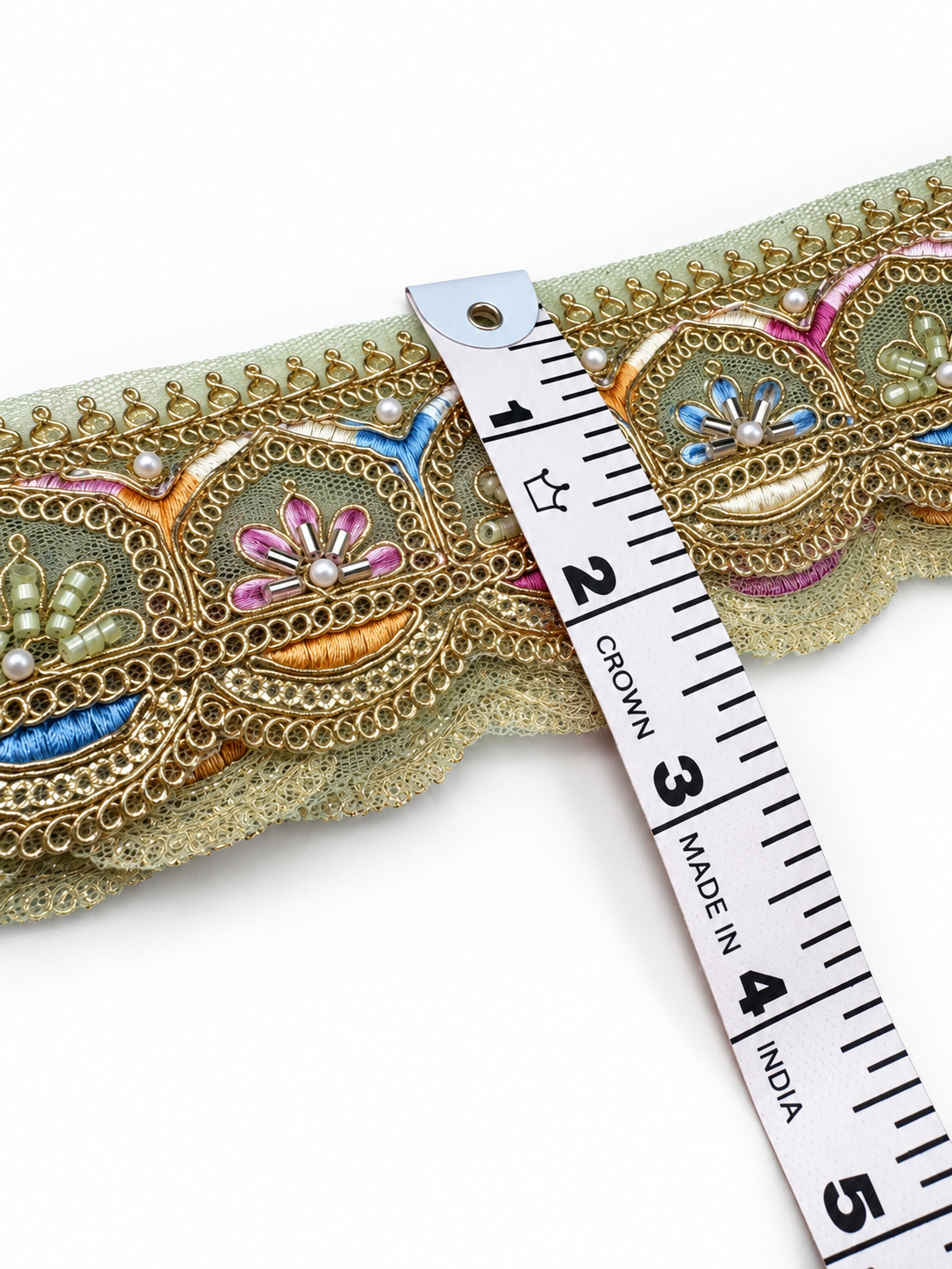Sage Green (Pista Green) with Gold Embroidery and Multicolour Floral Accents (Pink, Blue, Lavender, and Peach)Lace Trim with Gold Zari, Beads & Pearl Work