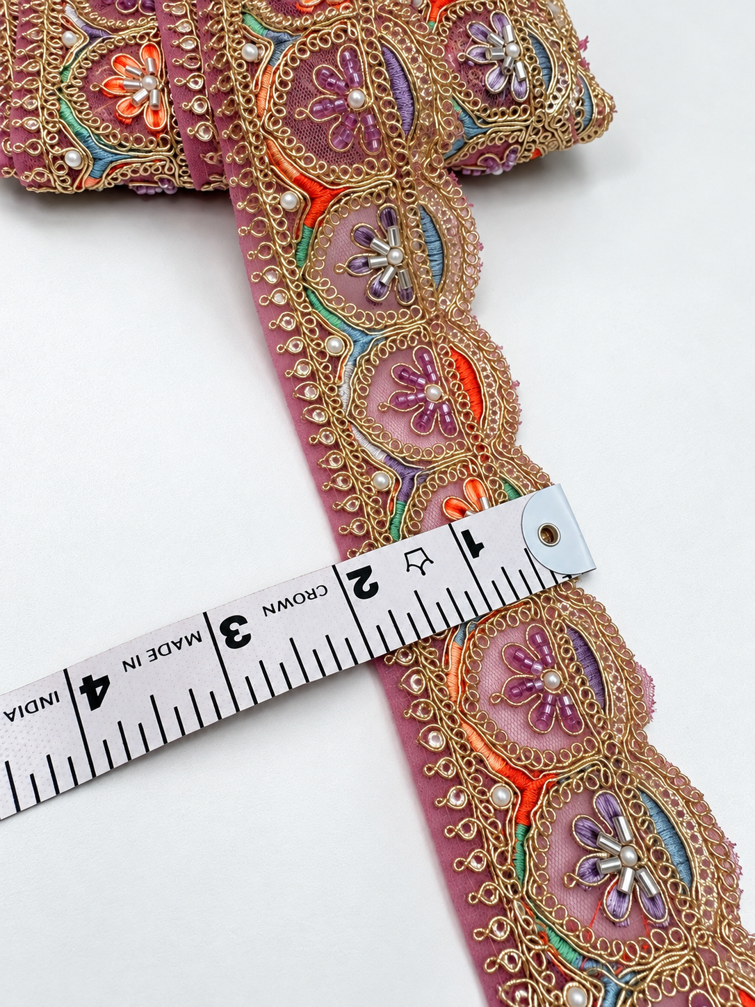 Premium Dusty Mauve Multicolour Floral Embroidered Lace Trim with Gold Zari, Beads & Pearl Work