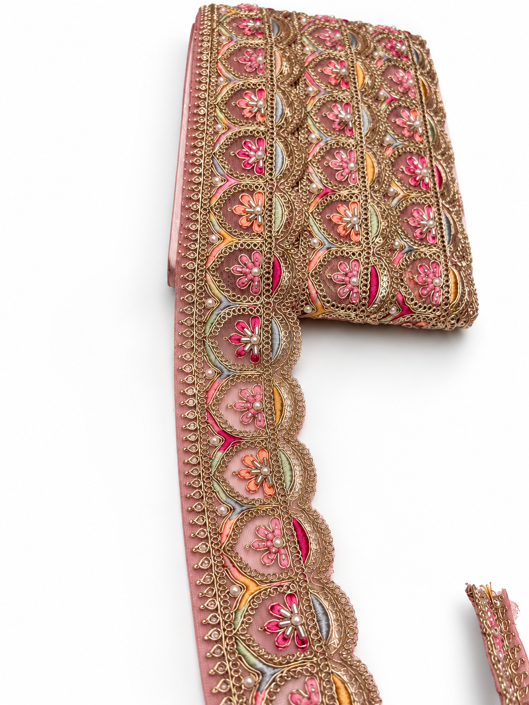 Dusty Rose Pink with Gold Embroidery and Multicolour Floral Accents (Pink, Peach, Green, and Champagne Gold)Lace Trim with Gold Zari, Beads & Pearl Work