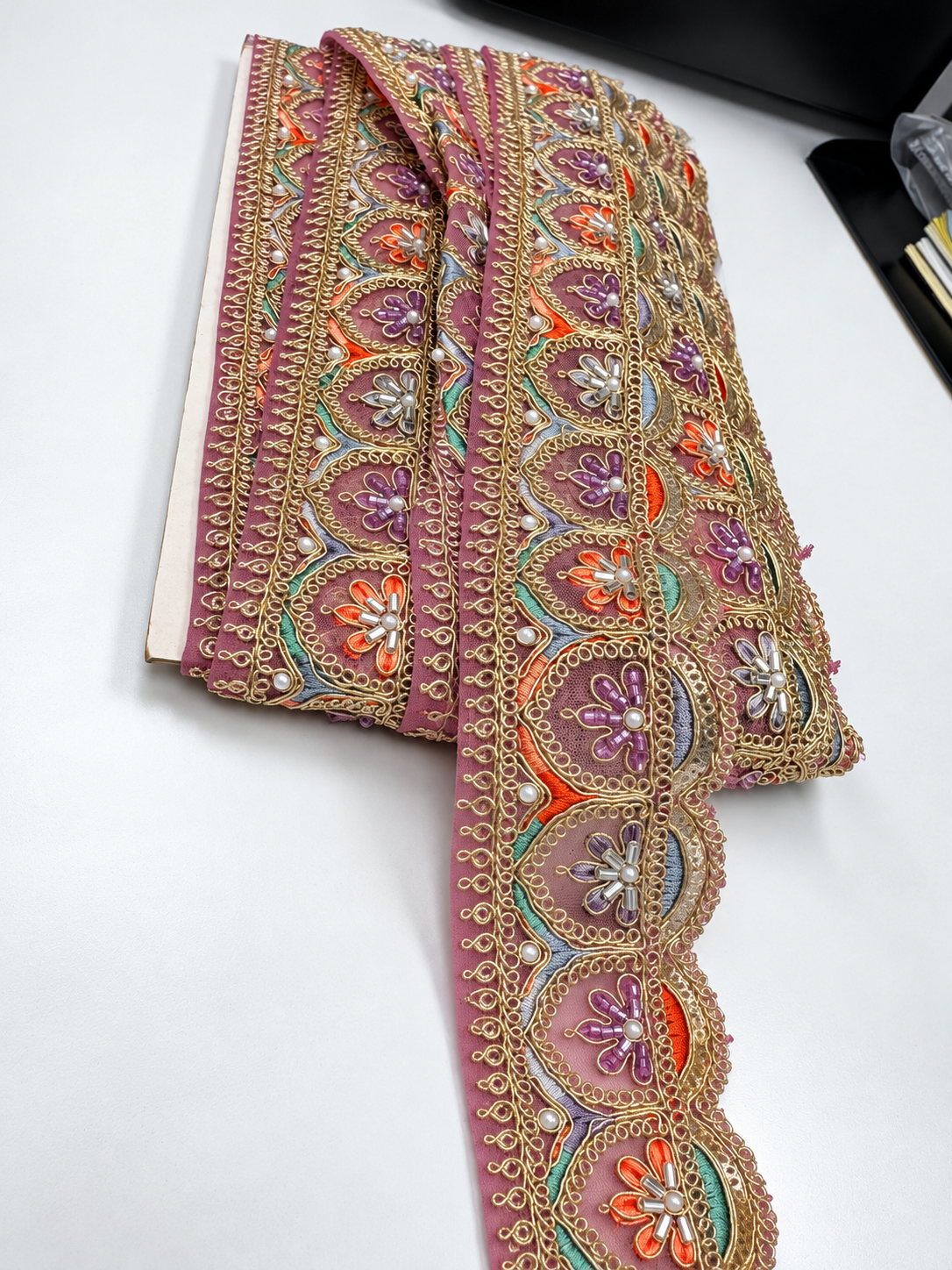Premium Dusty Mauve Multicolour Floral Embroidered Lace Trim with Gold Zari, Beads & Pearl Work