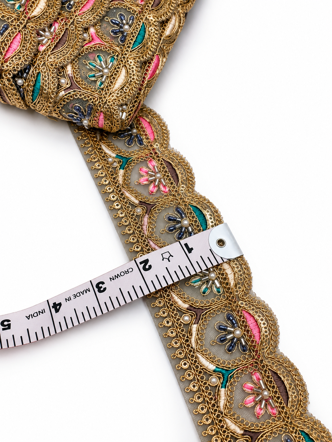 Charcoal Grey (Smoky Grey) with Gold Embroidery and Multicolour Floral Accents (Dusty Pink, Teal Green, Navy Blue, and Ivory) Embroidered Lace Trim with Gold Zari, Beads & Pearl Work