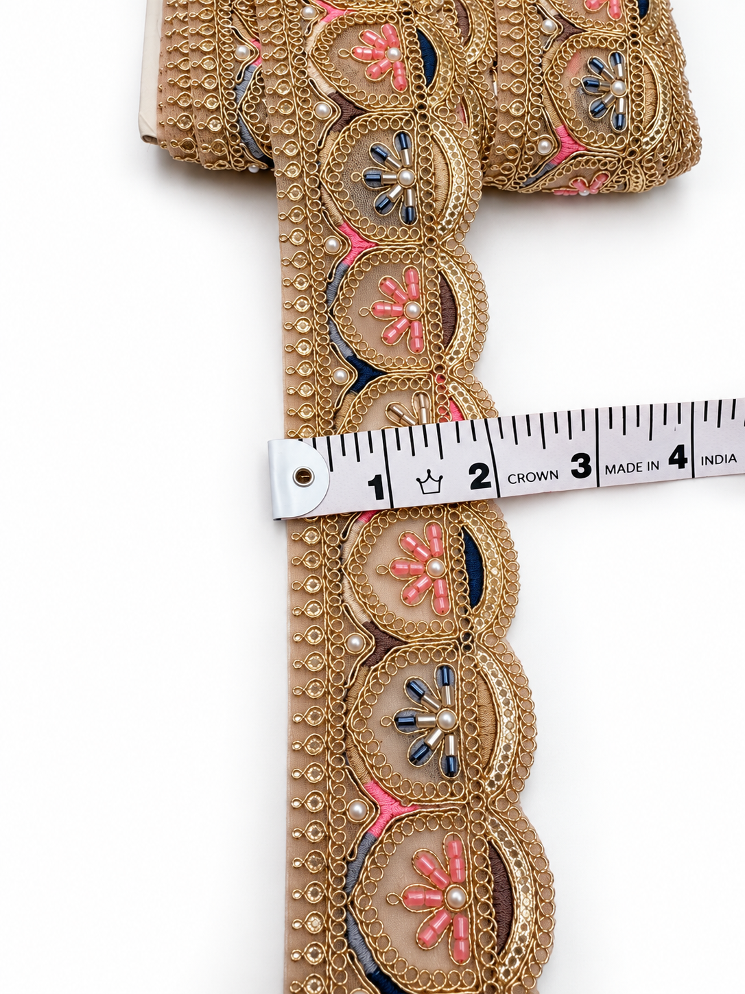 Premium Champagne beige Embroidered Lace Trim with Gold Zari, Beads & Pearl Work
