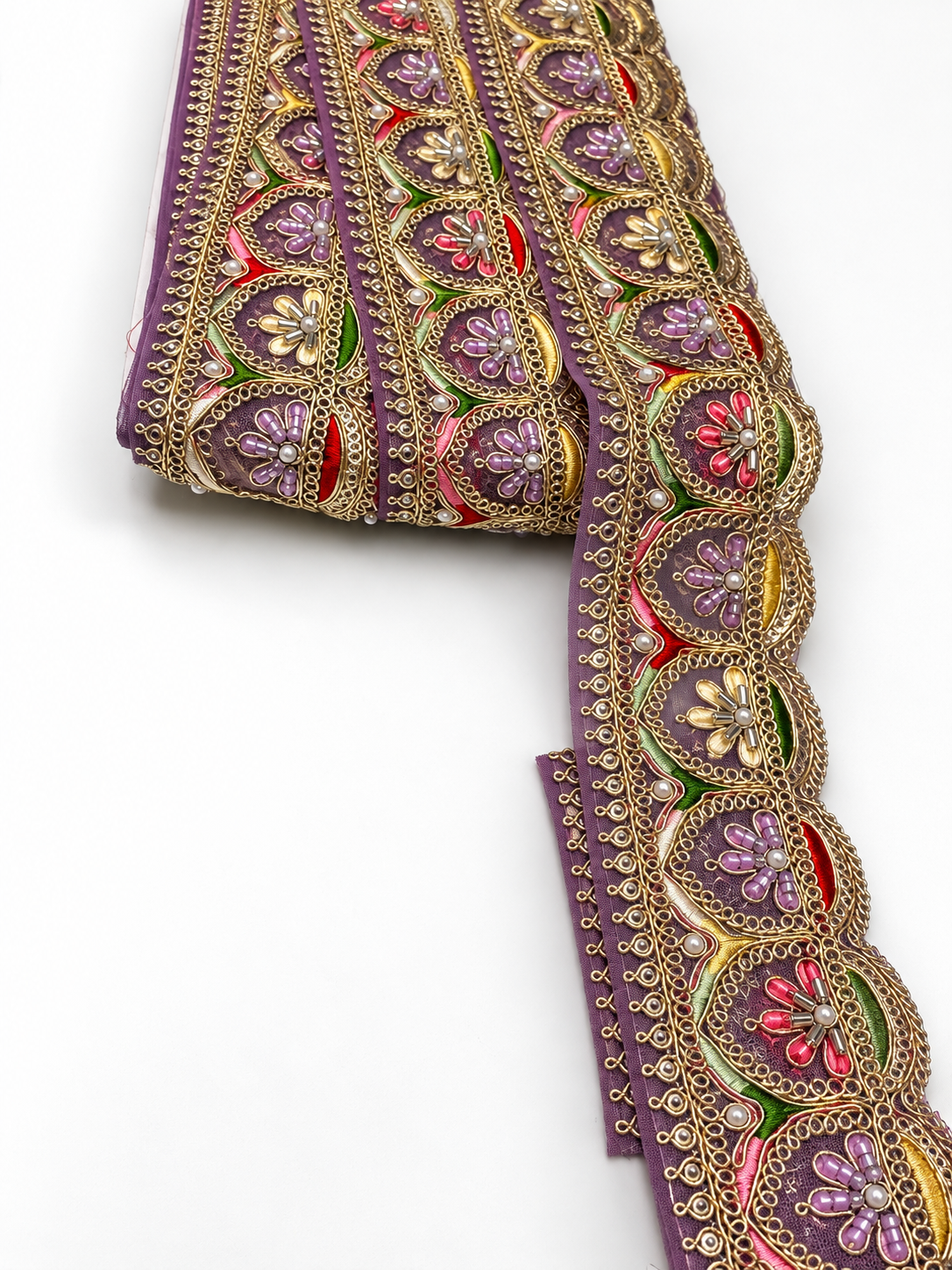 Dusty Mauve Purple with Gold Embroidery and Multicolour Floral Accents (Red, Green, Lavender, and Champagne Gold)Embroidered Lace Trim with Gold Zari, Beads & Pearl Work