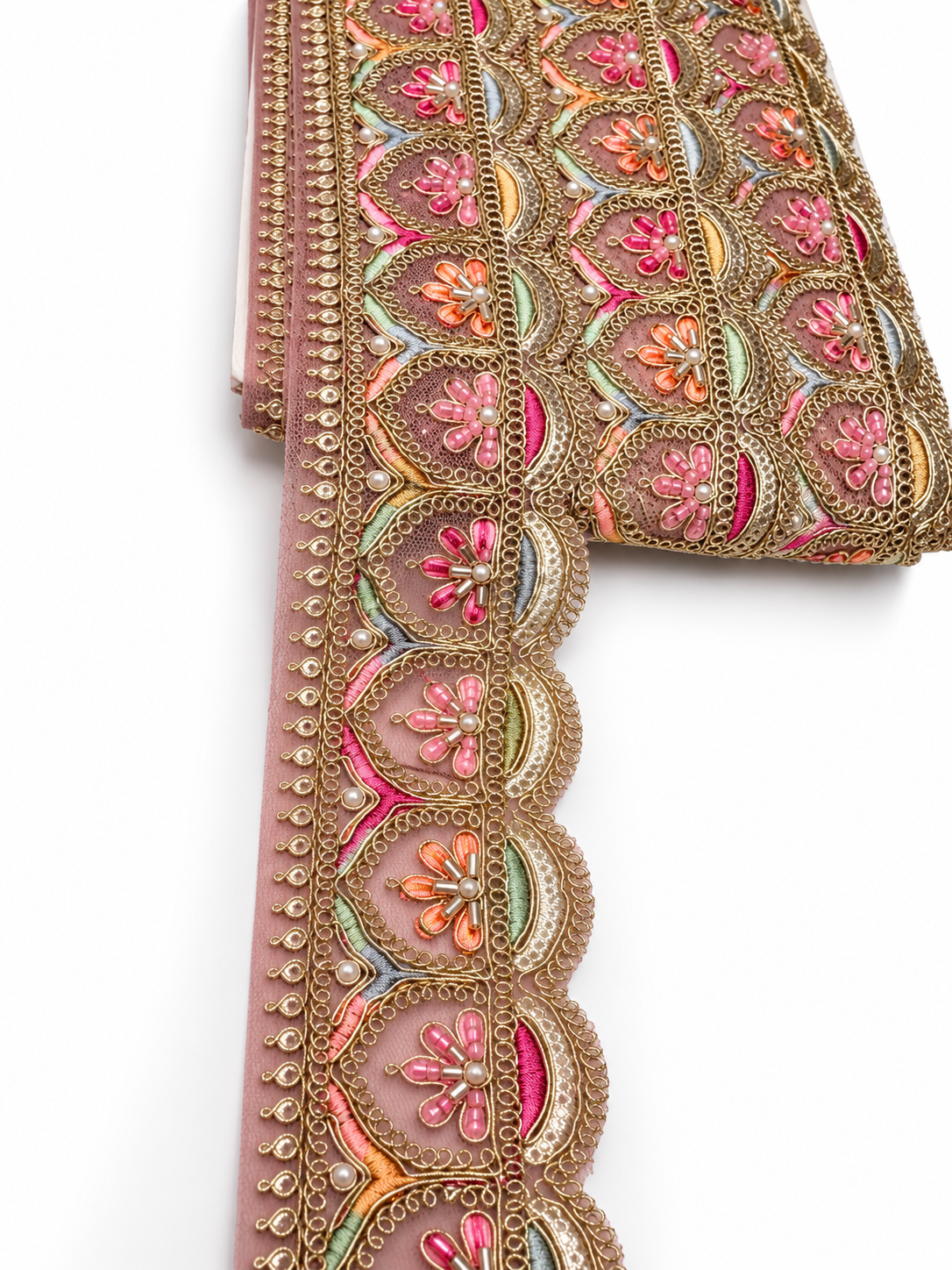 Dusty Rose Pink with Gold Embroidery and Multicolour Floral Accents (Pink, Peach, Green, and Champagne Gold)Lace Trim with Gold Zari, Beads & Pearl Work