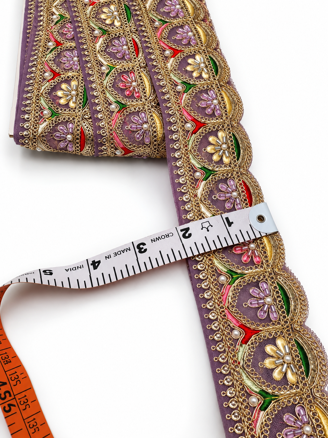 Dusty Mauve Purple with Gold Embroidery and Multicolour Floral Accents (Red, Green, Lavender, and Champagne Gold)Embroidered Lace Trim with Gold Zari, Beads & Pearl Work