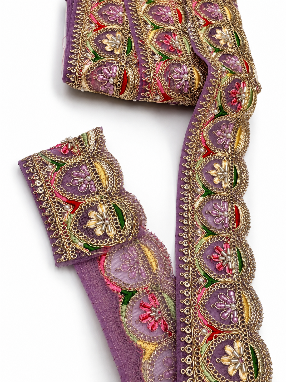 Dusty Mauve Purple with Gold Embroidery and Multicolour Floral Accents (Red, Green, Lavender, and Champagne Gold)Embroidered Lace Trim with Gold Zari, Beads & Pearl Work
